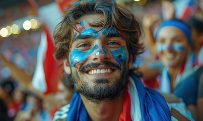 Obraz premium Vibrant Portrait of a Joyful male France Supporter with a French Flag Painted on His Face, Celebrating at UEFA EURO 2024