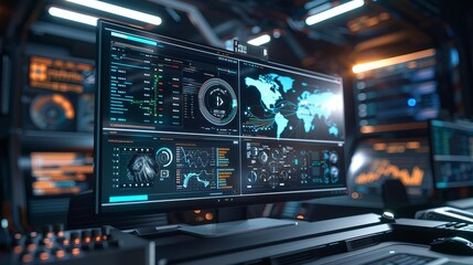 Obraz premium futuristic computer monitor displaying abstract network monitoring dashboard with data analytics 3d render