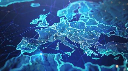 Obraz premium futuristic digital map of western europe abstract network and data transfer visualization cyber technology concept