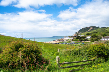 View of Seatown Beach and the Golden Cap hill on the Jurassic Coast from Chideock, Dorset, England