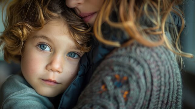 A social worker comforting a distressed child in a cozy office close up, compassion theme, realistic, blend mode, office backdrop