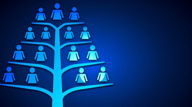 Abstract family tree with human figures on blue background, representing genealogy, ancestry, and connection.