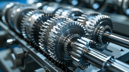 Fototapeta premium Mechanical Gear Assembly: Illustrate a detailed close-up of interlocking gears in a mechanical assembly,