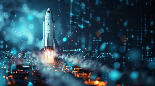 futuristic silver rocket blasting off vertical launch in abstract digital art style ai generated illustration