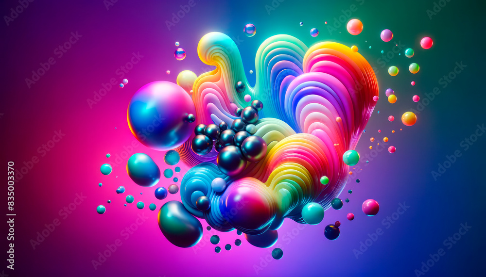 Poster Colorful abstract composition with glossy spheres and wavy shapes on a gradient background, concept of creativity. Generative AI
