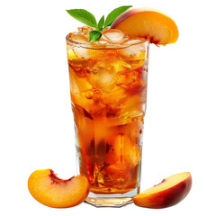 Refreshing glass of iced peach tea with ice cubes and peach slices, perfect for summer. High quality stock photo for beverage and summer themes.
