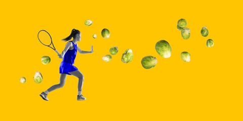 In action to health. Young girl playing tennis with broccoli on bright yellow background. Healthy eating, Contemporary art collage. Concept of sport, surrealism, creative design, active lifestyle
