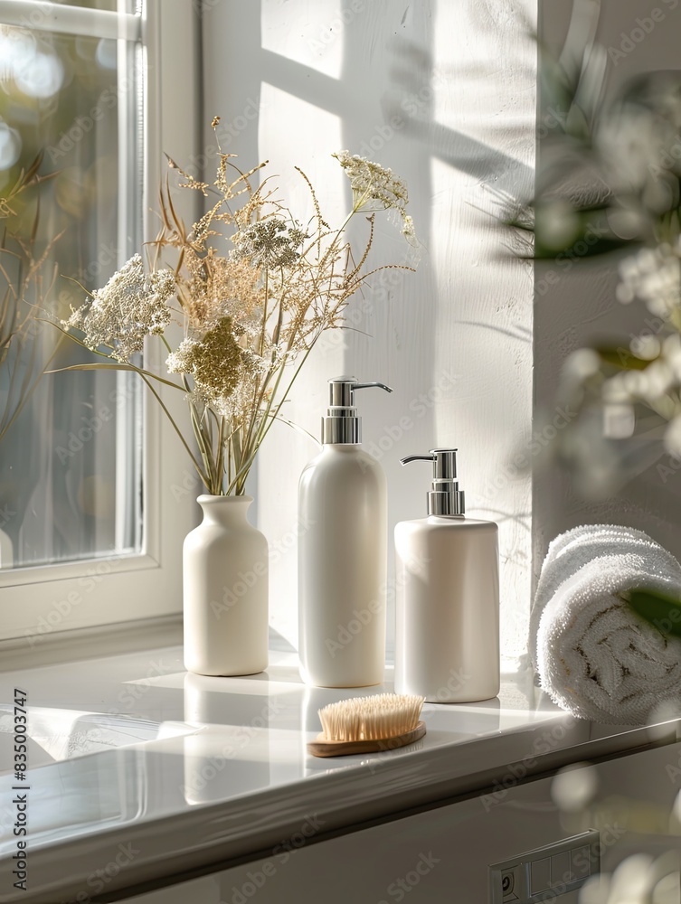 Poster Close-up of stylish shampoo and conditioner bottles on a windowsill in a bright bathroom. Generative AI