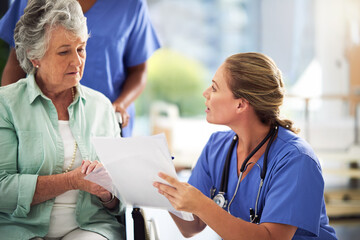 Doctor, documents and senior woman for discussion in hospital, medical results or treatment with...