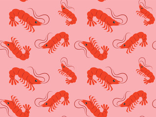 Seamless pattern with shrimps on a pink background. Vector illustration for print, wrapping paper, textile, wallpaper, background, eps 10