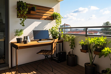 Fototapeta premium Small urban balcony with plants and minimalist furniture for relaxing and working