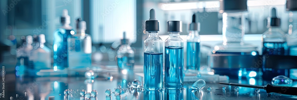 Aufkleber glass bottles with serums and droplets on a lab surface. generative ai