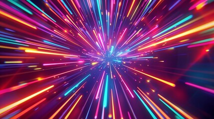 An immersive 3D abstract scene where multicolored neon light beams fan out from a central point, creating a radiant explosion of hues and dynamic light play.