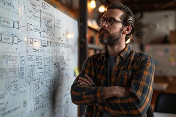 A software developer architecting a new software framework on a whiteboard focus on design, architecture theme, dynamic, overlay, whiteboard backdrop