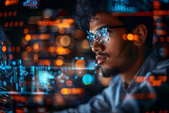 A software developer participating in a virtual hackathon with global peers focus on competition, collaboration theme, realistic, multilayer, virtual event backdrop