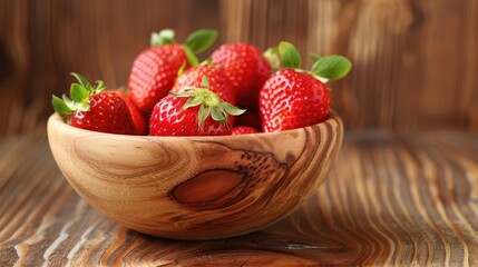 Fresh strawberry in a wooden bowl on a wooden background