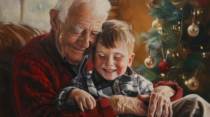 heartwarming moment grandfather and grandson bonding at christmas family portrait oil painting