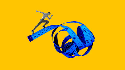 Muscular athletic young man running on measuring tape against bright yellow background. Weight loss. Contemporary art collage. Concept of sport, surrealism, creative design, active lifestyle