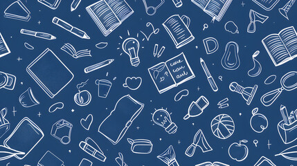 Obraz premium School elements pattern background, white line drawing on blue paper texture background
