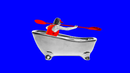 Funny image of woman swimming in bath like in canoe, kayak training with paddle on bright blue...