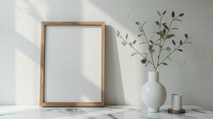 Mockup picture wooden frame and ceramic vase on white marble table in white room, copy space