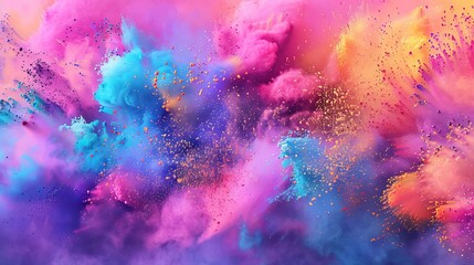 Fototapeta premium Aerial perspective, dynamic and vivid colorful powder bursts for Holi festival, laid out in lively swirls and mounds, strikingly contrasted against a pure white canvas, digital painting style