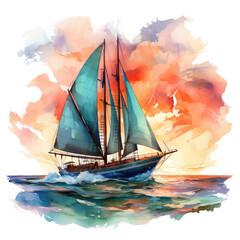 Watercolor Framed Sunset Sailboat Illustration, Generative Ai