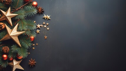 bright flat lay stock Christmas photo with copy space, realistic lighting, photorealistic, generative ai