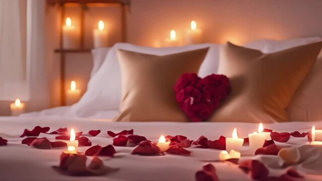 heart-shaped rose petals and candles on the bed in the hotel rooms, for a romantic evening. honeymoon concept