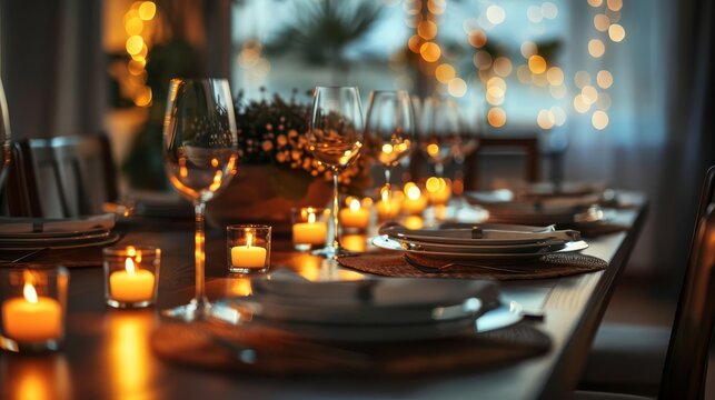 intimate gathering dining room table set for dinner with elegant background home entertaining