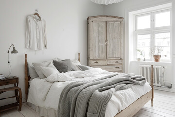 A Scandinavian-inspired bedroom with white walls, light wood furniture, and cozy textiles in muted tones.
