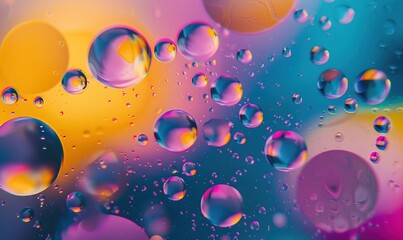 Abstract Colorful Food Oil Drops Bubbles and spheres Flowing on Water Surface