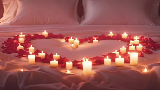 heart-shaped rose petals and candles on the bed in the hotel rooms, for a romantic evening. honeymoon concept
