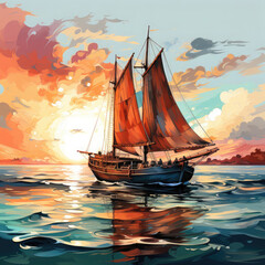Naklejka premium Watercolor Framed Sunset Sailboat Illustration, Generative Ai