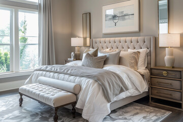 A serene bedroom with soft gray walls, a tufted headboard, and luxurious bedding in muted tones.