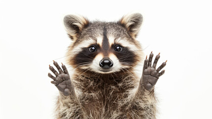 Obraz premium Cute raccoon showing peace sign against white background