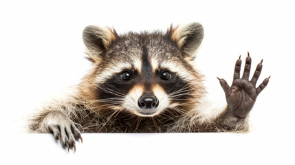 Cute raccoon showing peace sign against white background