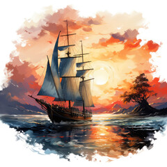 Obraz premium Watercolor Framed Sunset Sailboat Illustration, Generative Ai
