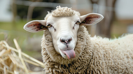 Funny sheep sticking out tongue in close-up portrait
