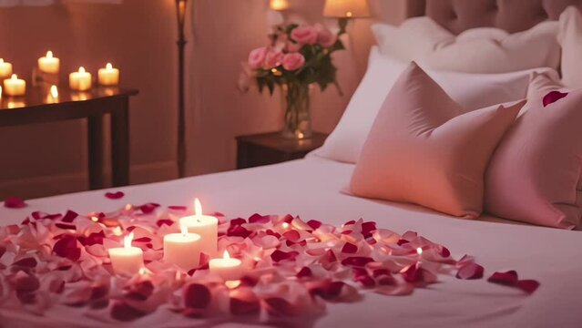 heart-shaped rose petals and candles on the bed in the hotel rooms, for a romantic evening. honeymoon concept