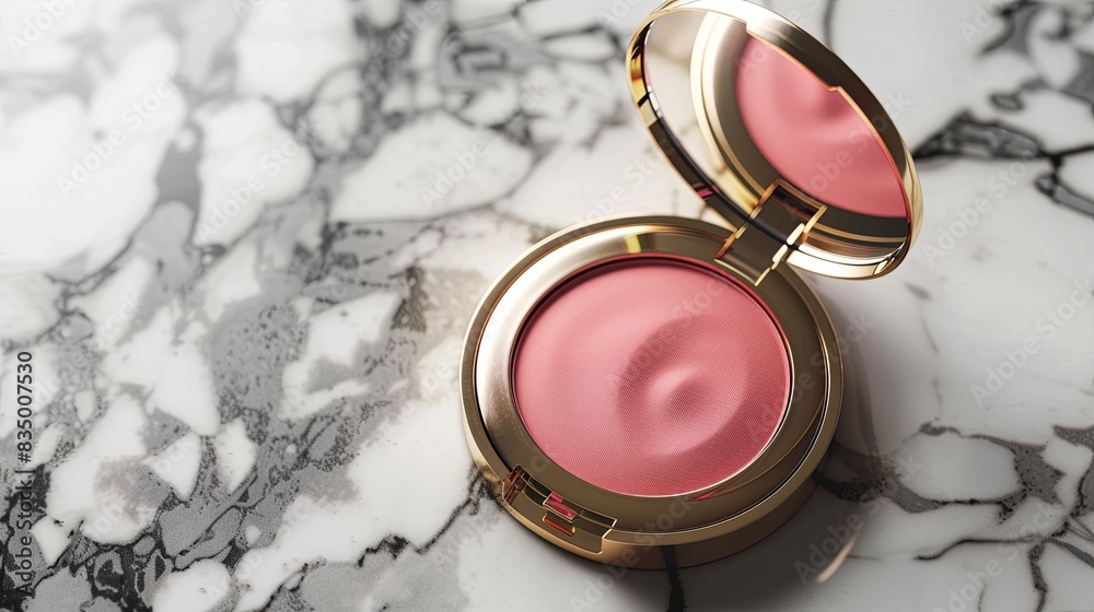 Poster close-up shot of a compact case with pink powder and blush on a marble surface. generative ai