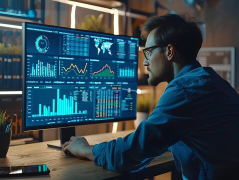 A statistician analyzing complex data sets on a large computer screen close up, data analysis theme, realistic, blend mode, office desk backdrop
