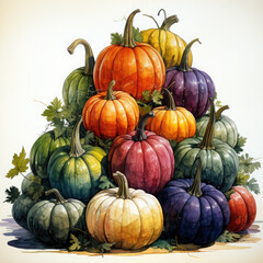 Watercolor Linocut Style Pumpkins Illustration, Generative Ai