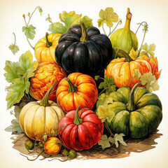 Watercolor Linocut Style Pumpkins Illustration, Generative Ai
