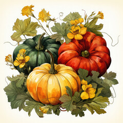 Watercolor Linocut Style Pumpkins Illustration, Generative Ai
