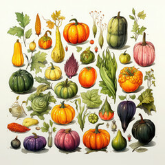Watercolor Linocut Style Pumpkins Illustration, Generative Ai