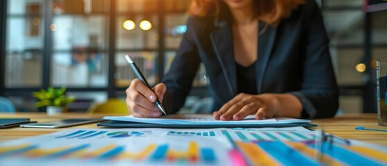 A statistician conducting a survey analysis in a bustling office environment focus on survey analysis, workplace theme, realistic, multilayer, office backdrop