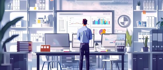 A statistician conducting a survey analysis in a bustling office environment focus on survey analysis, workplace theme, realistic, multilayer, office backdrop