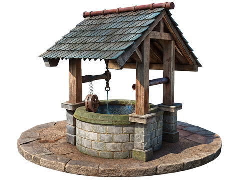 Water well stone with wooden bucket isolated