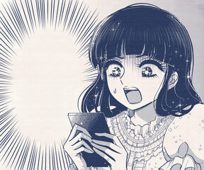 スマホを見て唖然とするレトロ漫画風のお姫様のイラスト